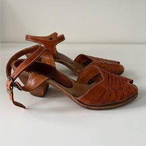 Vintage Brown Leather Women's Heeled Sandals